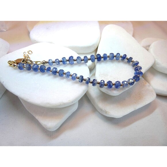 Natural Blue Kyanite Gold Fill Beaded Bracelet New 7"+ - Picture 4 of 4
